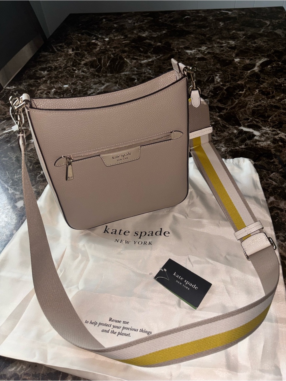 Kate Spade - Pebbled Leather Crossbody in Taupe with Yellow-Striped Strap - Picture 3 of 9